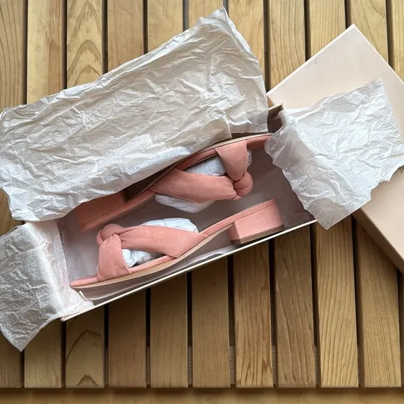 - nib Loeffler Randall Elsie Suede Slide Sandals in Melon Pink - Size 7.5