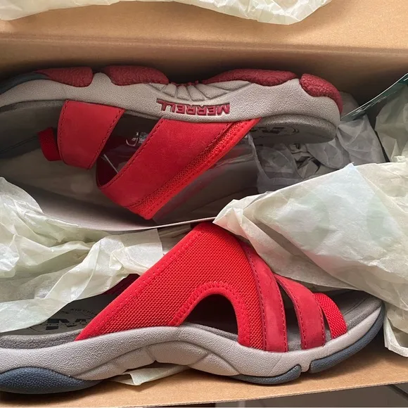 🆕 w/Box MERRELL Token Banner Red Fabric/Suede Performance Slide Toe Sandals SZ 6