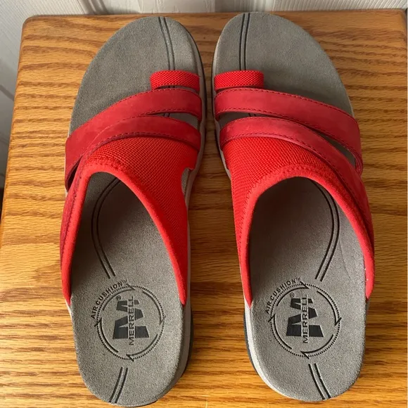 🆕 w/Box MERRELL Token Banner Red Fabric/Suede Performance Slide Toe Sandals SZ 6