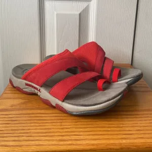 🆕 w/Box MERRELL Token Banner Red Fabric/Suede Performance Slide Toe Sandals SZ 6