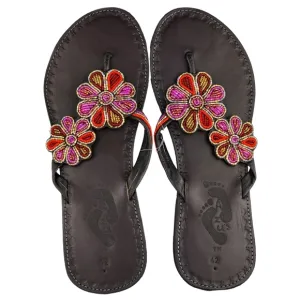2-Flower Beaded Leather Sandals from Kenya