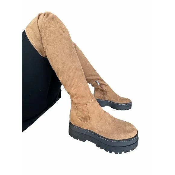🤩$265 New Sz 8.5 Women's Boots Marc Fisher LTD PHILLY Over the Knee chunky Tan