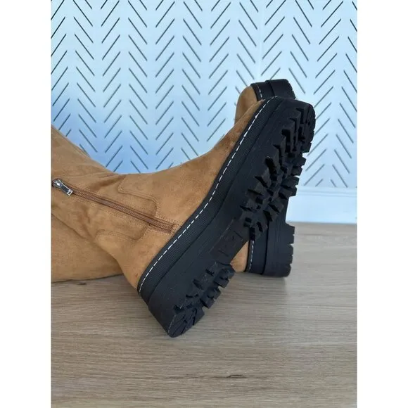 🤩$265 New Sz 8.5 Women's Boots Marc Fisher LTD PHILLY Over the Knee chunky Tan