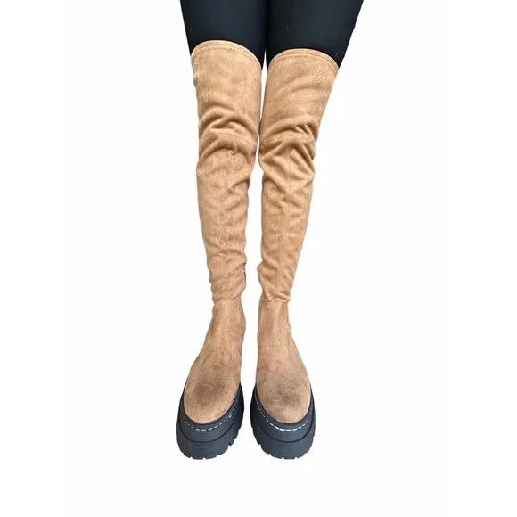 🤩$265 New Sz 8.5 Women's Boots Marc Fisher LTD PHILLY Over the Knee chunky Tan