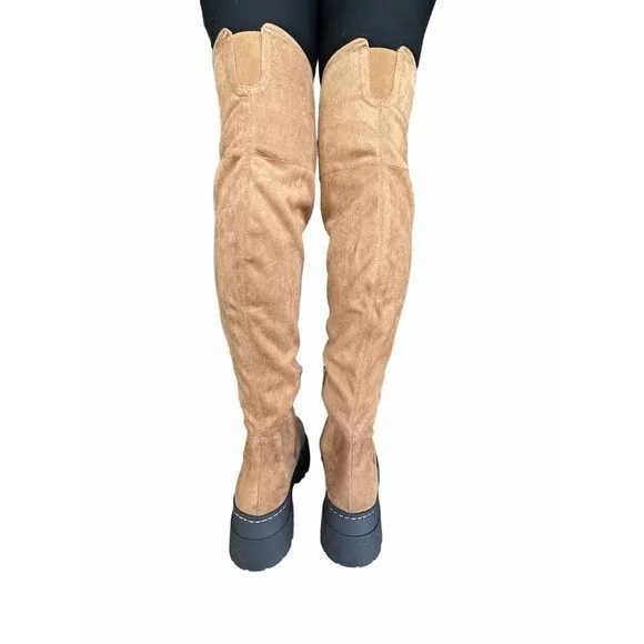 🤩$265 New Sz 8.5 Women's Boots Marc Fisher LTD PHILLY Over the Knee chunky Tan