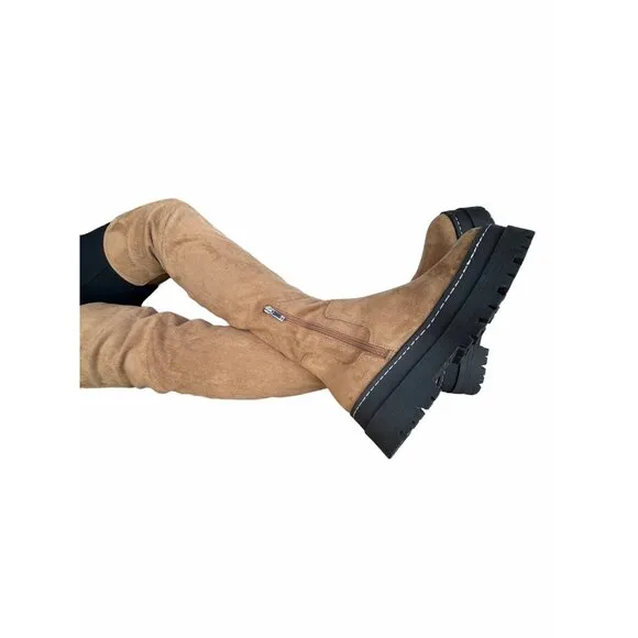 🤩$265 New Sz 8.5 Women's Boots Marc Fisher LTD PHILLY Over the Knee chunky Tan