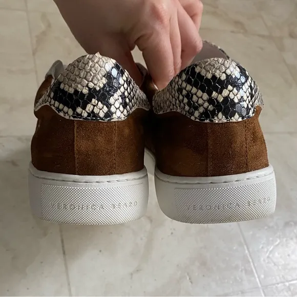 $295 Veronica Beard Bibi Pecan Brown Suede Python Leather Skater Sneakers size 9