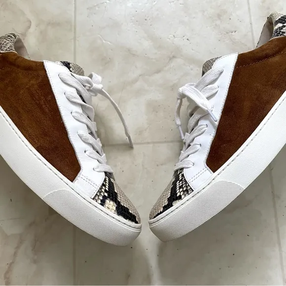 $295 Veronica Beard Bibi Pecan Brown Suede Python Leather Skater Sneakers size 9