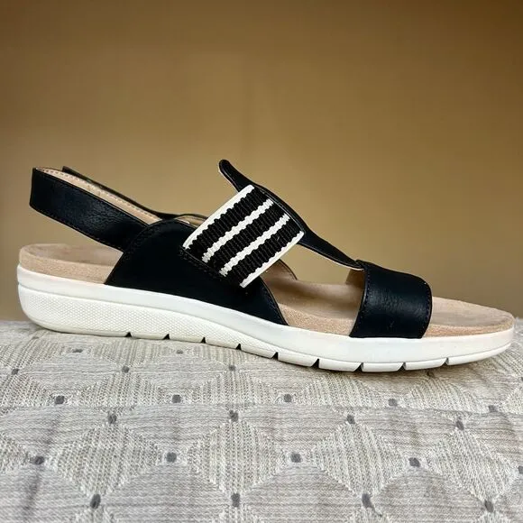 Abella True Comfort Paula Black &amp; White Slingback Sandal Women 9 Casual Striped