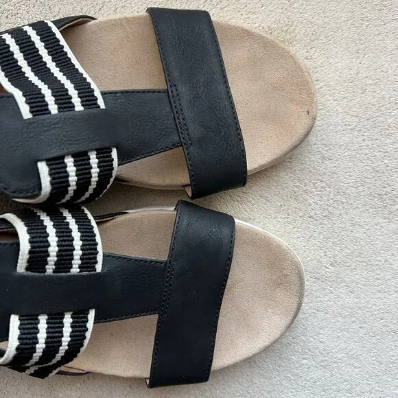 Abella True Comfort Paula Black &amp; White Slingback Sandal Women 9 Casual Striped