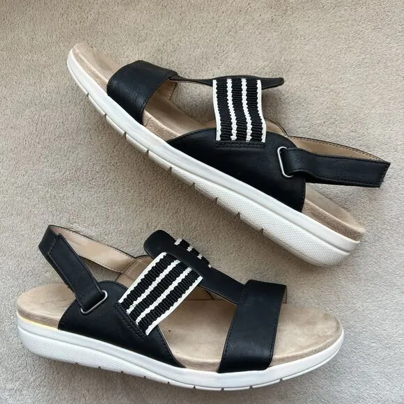 Abella True Comfort Paula Black &amp; White Slingback Sandal Women 9 Casual Striped
