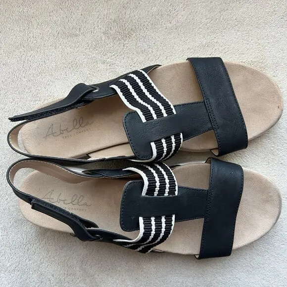 Abella True Comfort Paula Black &amp; White Slingback Sandal Women 9 Casual Striped
