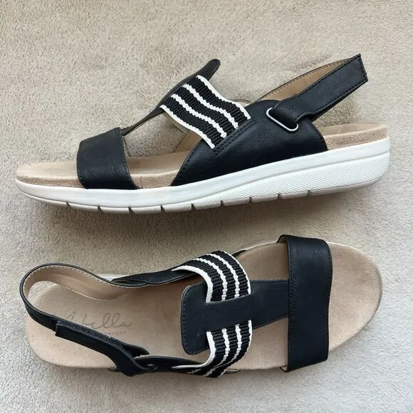 Abella True Comfort Paula Black &amp; White Slingback Sandal Women 9 Casual Striped