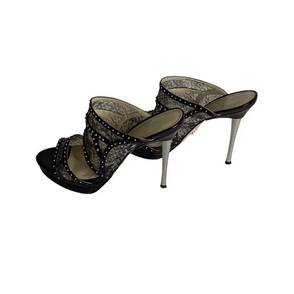 ABS Allen Schwartz Black Studded Stiletto Mesh Sandals Size 7.5M