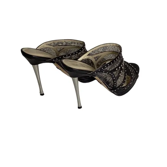 ABS Allen Schwartz Black Studded Stiletto Mesh Sandals Size 7.5M