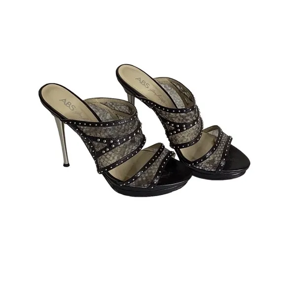 ABS Allen Schwartz Black Studded Stiletto Mesh Sandals Size 7.5M