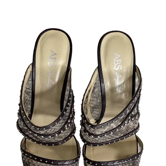 ABS Allen Schwartz Black Studded Stiletto Mesh Sandals Size 7.5M