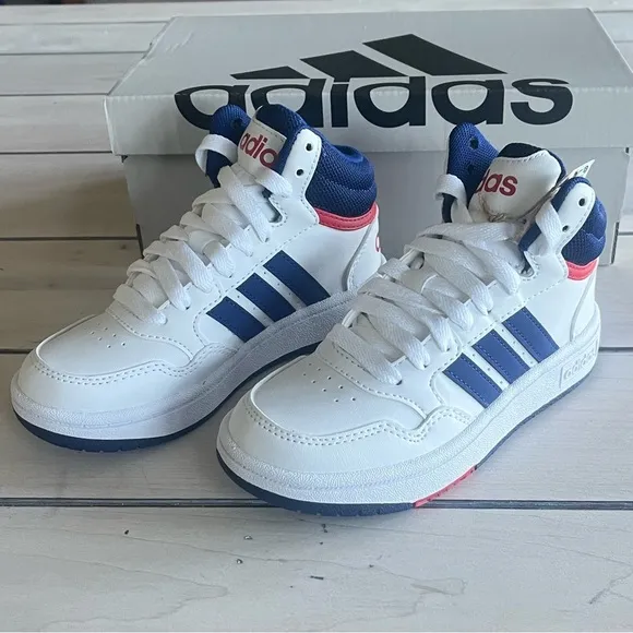 Adidas kids’ Hoops 3.0 Mid Basketball Sneakers White with blue