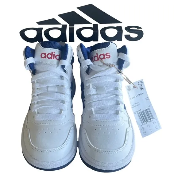 Adidas kids’ Hoops 3.0 Mid Basketball Sneakers White with blue