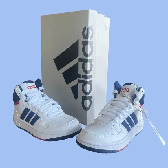 Adidas kids’ Hoops 3.0 Mid Basketball Sneakers White with blue