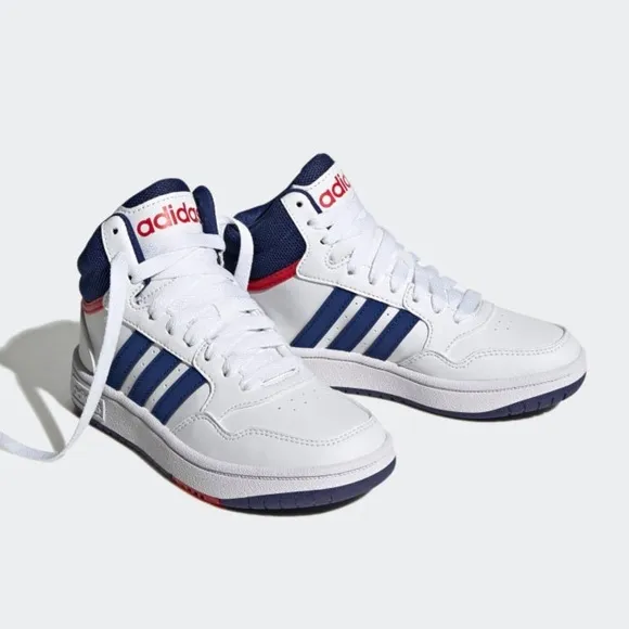 Adidas kids’ Hoops 3.0 Mid Basketball Sneakers White with blue
