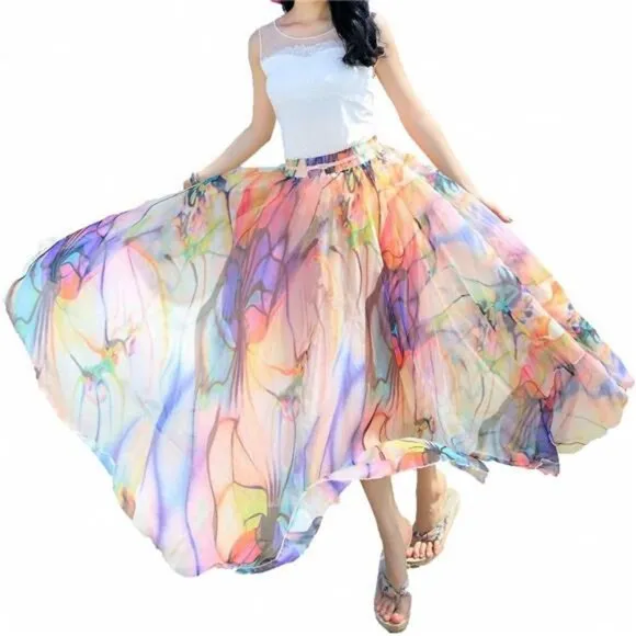Afibi Women Full/Ankle Length Blending Maxi Chiffon Long Skirt Beach Skirt