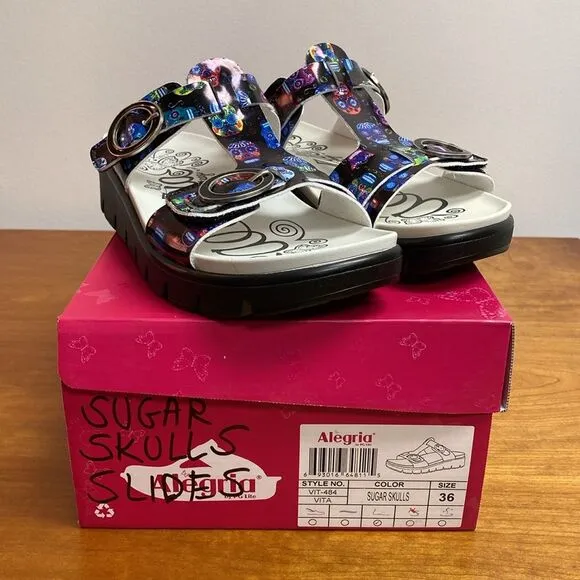 Alegria Vita Sugar Skulls Slide Sandals Size 36 | 6-6.5