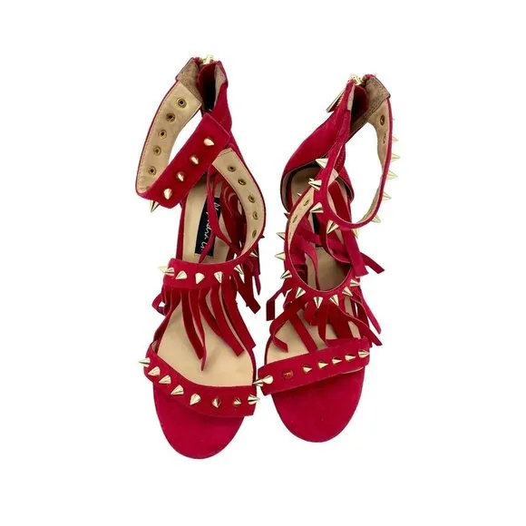 Alejandra G Cristina Red Suede Sandals Studded Fringe Ankle SZ 36 EU New