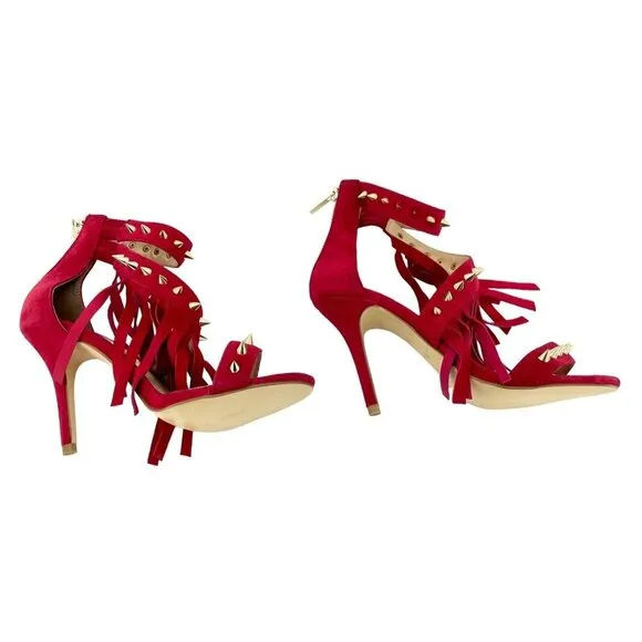 Alejandra G Cristina Red Suede Sandals Studded Fringe Ankle SZ 36 EU New