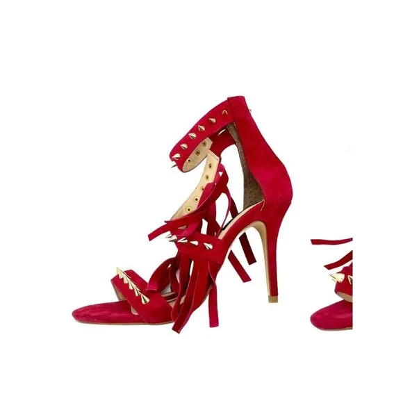 Alejandra G Cristina Red Suede Sandals Studded Fringe Ankle SZ 36 EU New