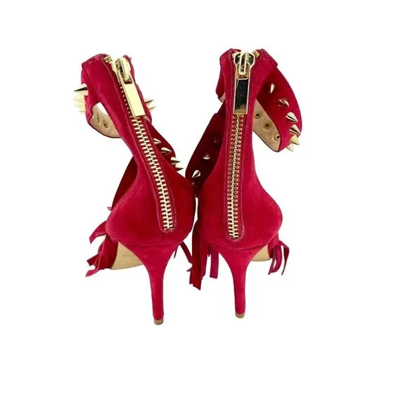 Alejandra G Cristina Red Suede Sandals Studded Fringe Ankle SZ 36 EU New