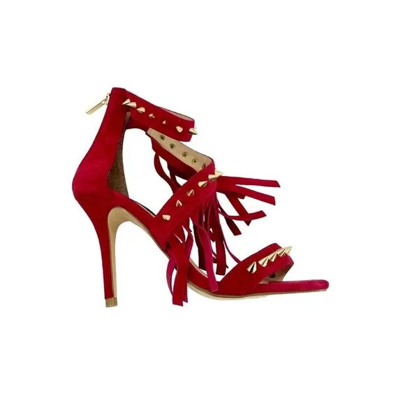 Alejandra G Cristina Red Suede Sandals Studded Fringe Ankle SZ 36 EU New