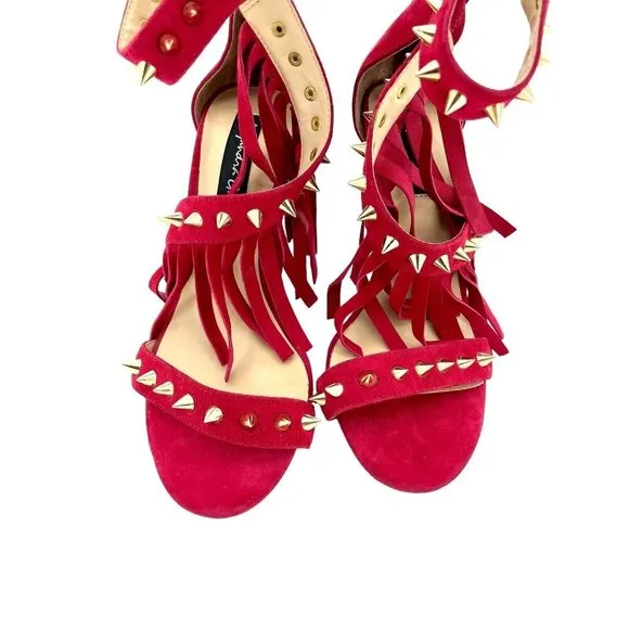 Alejandra G Cristina Red Suede Sandals Studded Fringe Ankle SZ 36 EU New