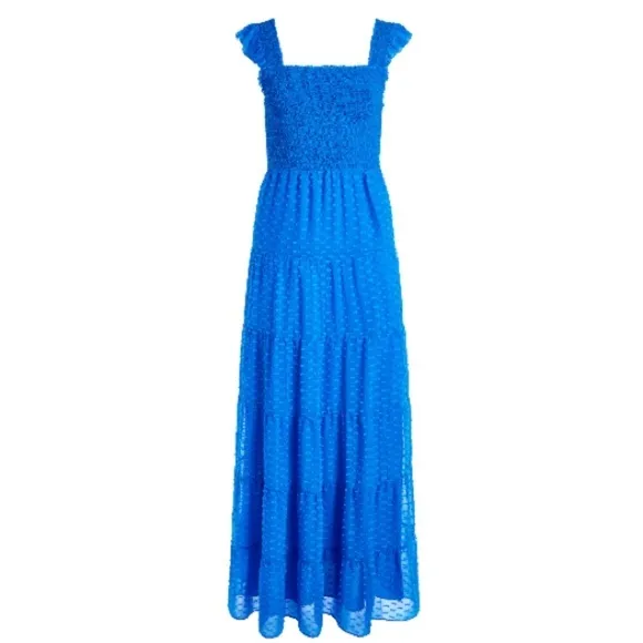 Alice Olivia KIZZIE SMOCKED FLUTTER SLEEVE TIERED MAXI DRESS 2 Blue Feminine