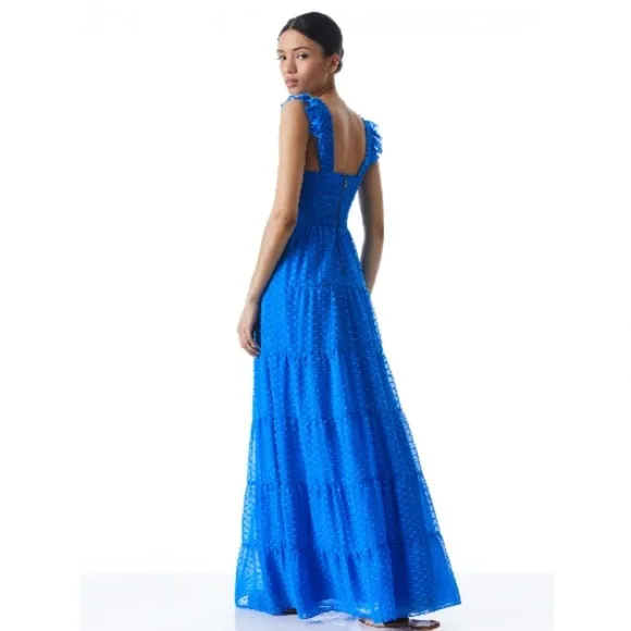 Alice Olivia KIZZIE SMOCKED FLUTTER SLEEVE TIERED MAXI DRESS 2 Blue Feminine