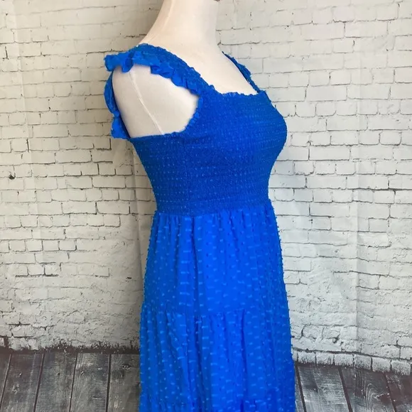 Alice Olivia KIZZIE SMOCKED FLUTTER SLEEVE TIERED MAXI DRESS 2 Blue Feminine