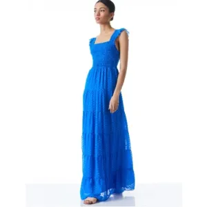 Alice Olivia KIZZIE SMOCKED FLUTTER SLEEVE TIERED MAXI DRESS 2 Blue Feminine