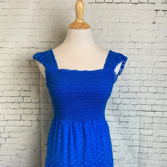 Alice Olivia KIZZIE SMOCKED FLUTTER SLEEVE TIERED MAXI DRESS 2 Blue Feminine