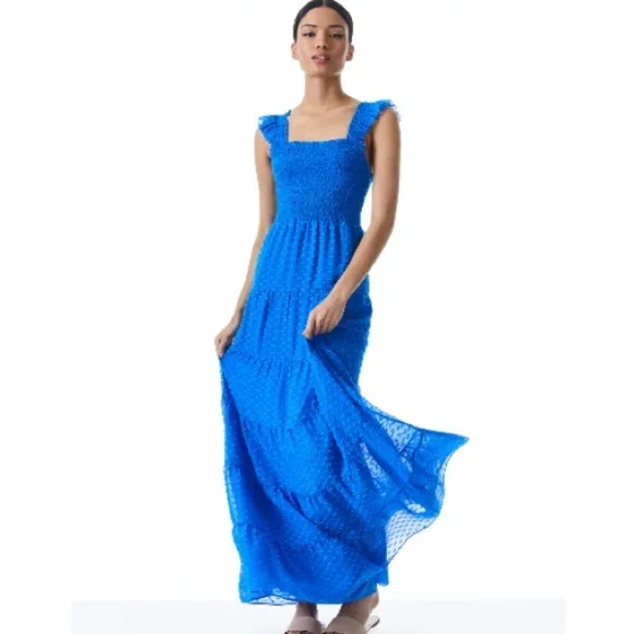 Alice Olivia KIZZIE SMOCKED FLUTTER SLEEVE TIERED MAXI DRESS 2 Blue Feminine
