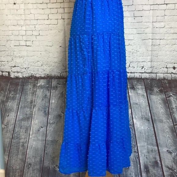 Alice Olivia KIZZIE SMOCKED FLUTTER SLEEVE TIERED MAXI DRESS 2 Blue Feminine