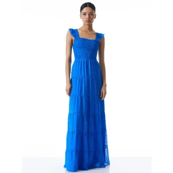 Alice Olivia KIZZIE SMOCKED FLUTTER SLEEVE TIERED MAXI DRESS 2 Blue Feminine