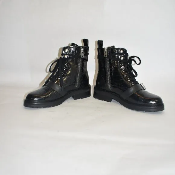 ALLSAINTS DONITA CROCODILE LEATHER BOOTS MOTO COMBAT CHUNKY BLACK 37  (TB15)