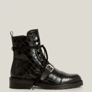 ALLSAINTS DONITA CROCODILE LEATHER BOOTS MOTO COMBAT CHUNKY BLACK 37  (TB15)