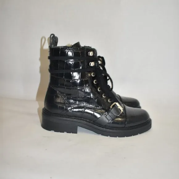 ALLSAINTS DONITA CROCODILE LEATHER BOOTS MOTO COMBAT CHUNKY BLACK 37  (TB15)