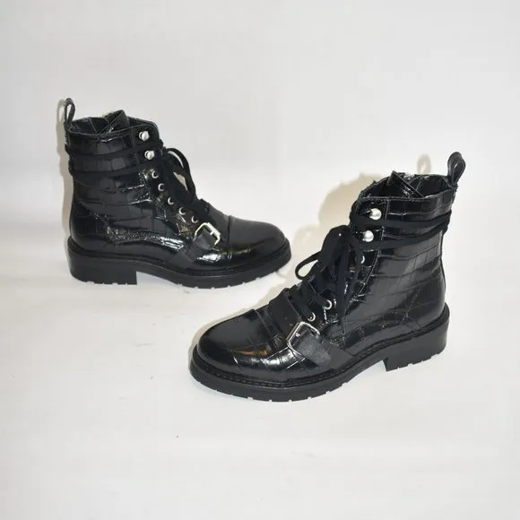 ALLSAINTS DONITA CROCODILE LEATHER BOOTS MOTO COMBAT CHUNKY BLACK 37  (TB15)
