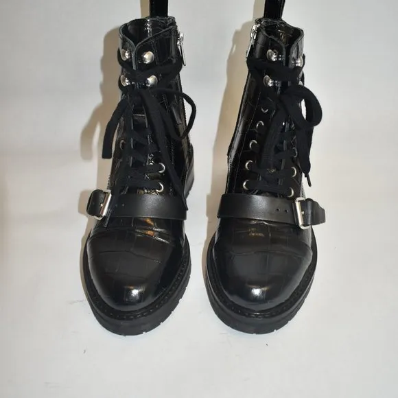 ALLSAINTS DONITA CROCODILE LEATHER BOOTS MOTO COMBAT CHUNKY BLACK 37  (TB15)