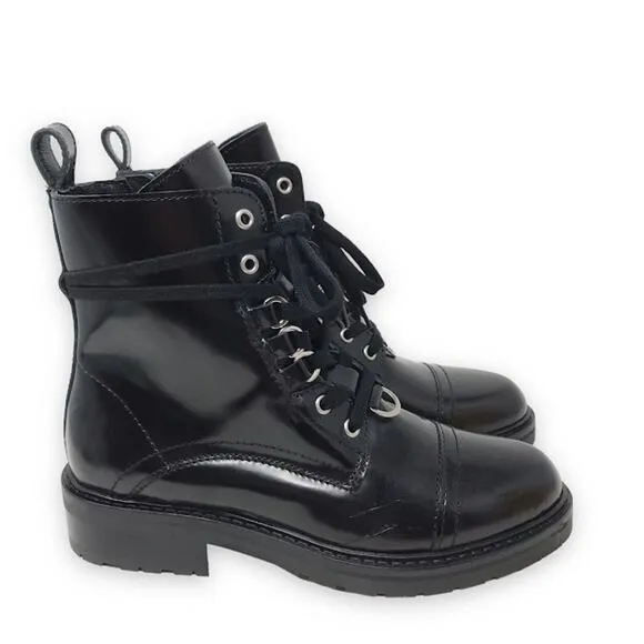 AllSaints Lira Leather Ankle Boots 7 Wrap-around Lace Up Zipper Womens Cargo
