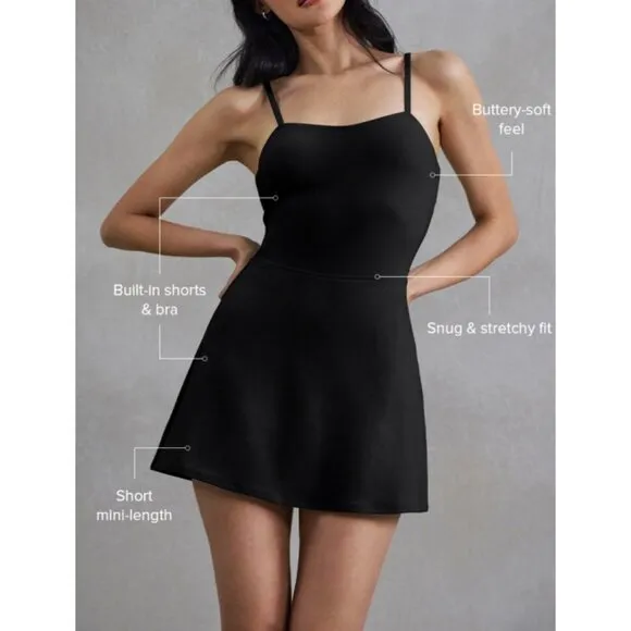 Alo Alosoft Courtside Tennis Dress Black Padded A-Line Fit And Flare Skater Mini
