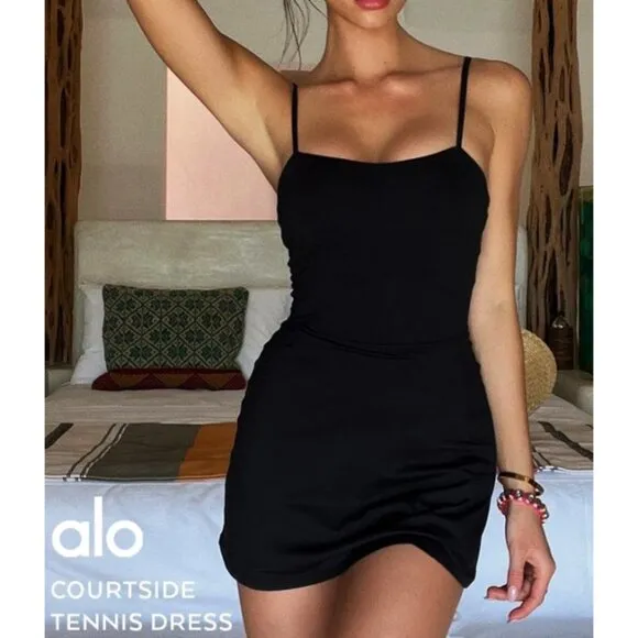 Alo Alosoft Courtside Tennis Dress Black Padded A-Line Fit And Flare Skater Mini