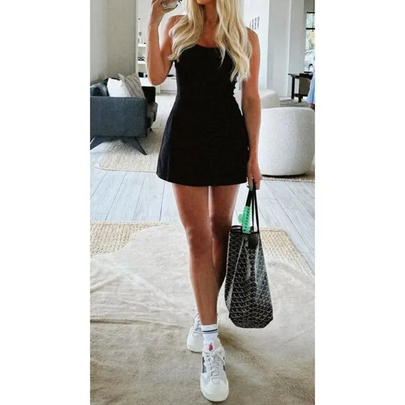 Alo Alosoft Courtside Tennis Dress Black Padded A-Line Fit And Flare Skater Mini